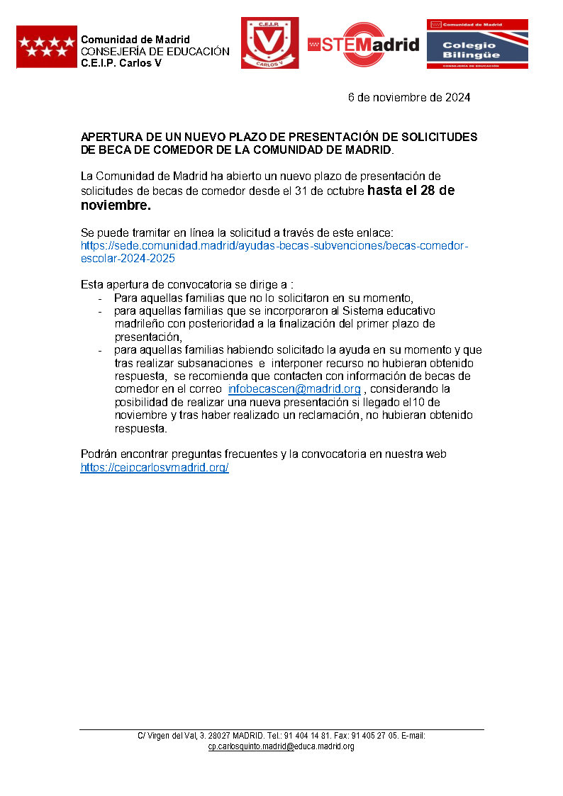 Apertura nuevo periodo de solicitud beca de comedor 24-25